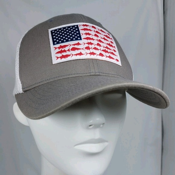 Columbia PFG American Flag Fishing Gray White Mesh Size S/M Snapback Logo - Picture 1 of 7